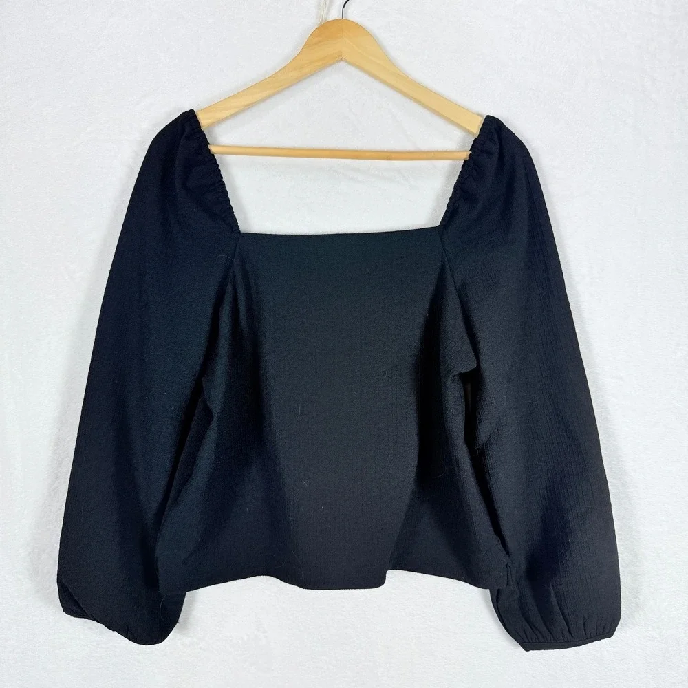 Madewell Womens Black Square Neck Puff Sleeve Crepe Top Size Med Minimalist Goth